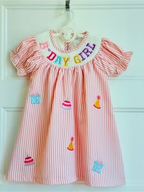 Smocked 'B-Day Girl' Pink Stripe Party Dress for Kids